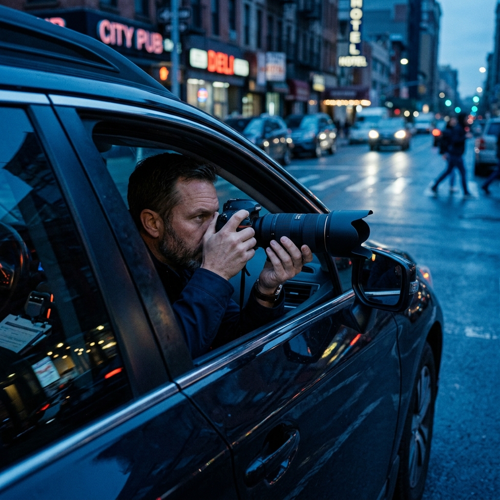 Détective privé en surveillance dans sa voiture avec un appareil photo professionnel